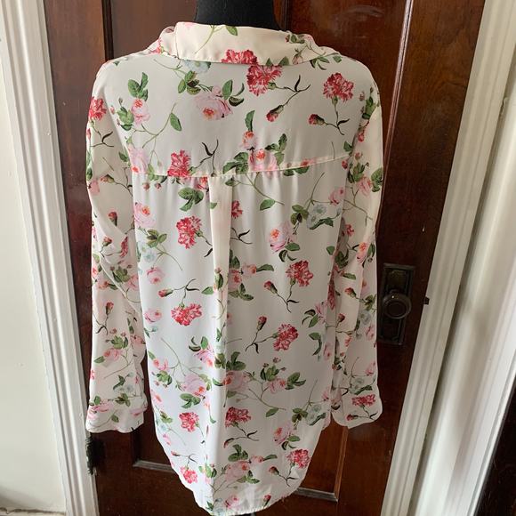 Express White Chiffon Collared Button Down White Floral Shirt LARGE Roll Tab - Picture 3 of 16